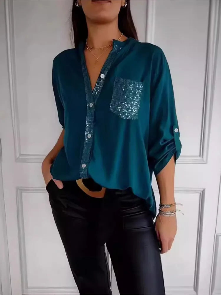 Casual Shirt Women Blouses V-neck Sequin Splicing Long-sleeve New Autumn Casual Loose Collar Button Pocket Office Ladies Clothes