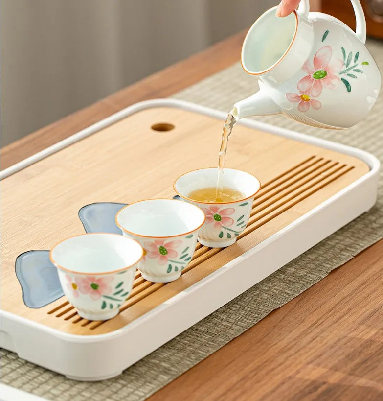 Removable Natural Bamboo Tea Tray Landscape Drawing Board Traditional Household TeaTray Removable TeaTray Chinese Kung Fu TeaSet