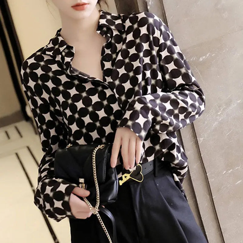 Stylish Printed Polka Dot Blouse Female Clothing Commute Single-breasted Elegant Polo-Neck 2025 Spring Autumn Korean Loose Shirt