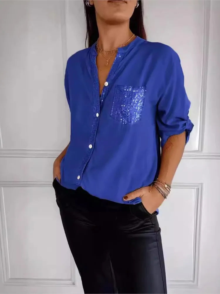 Casual Shirt Women Blouses V-neck Sequin Splicing Long-sleeve New Autumn Casual Loose Collar Button Pocket Office Ladies Clothes