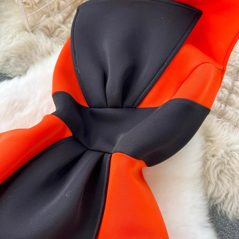 Elegant Sleeveless Vintage Stand Collar Chic Patchwork Butterfly Bow Slim A-line Dresses Evening High Street Plus Size Clothing