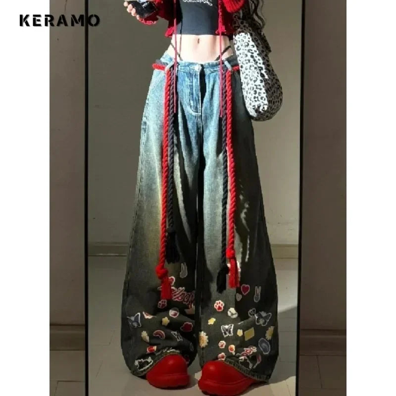 Women's Sweet Y2K Baggy 2000s Denim Trouser Washed Vintage Casual Appliques Pants Trashy High Street Retro High Waist Jeans