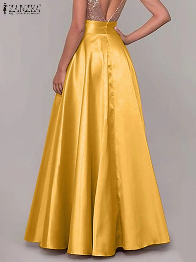 ZANZEA Summer Women Maxi Long Skirts Casual High Waist A-line Party Sundress Work OL Maxi Vestidos Satin Skirts Jupe Faldas Saia
