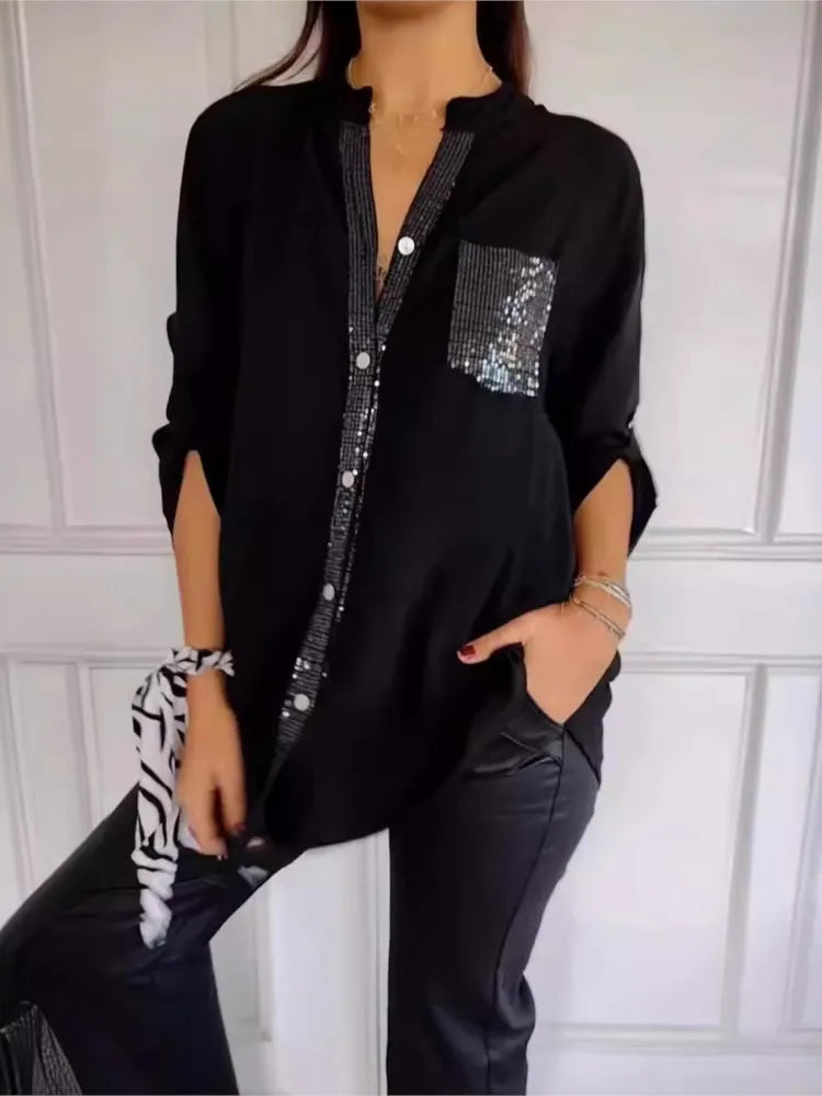 Casual Shirt Women Blouses V-neck Sequin Splicing Long-sleeve New Autumn Casual Loose Collar Button Pocket Office Ladies Clothes