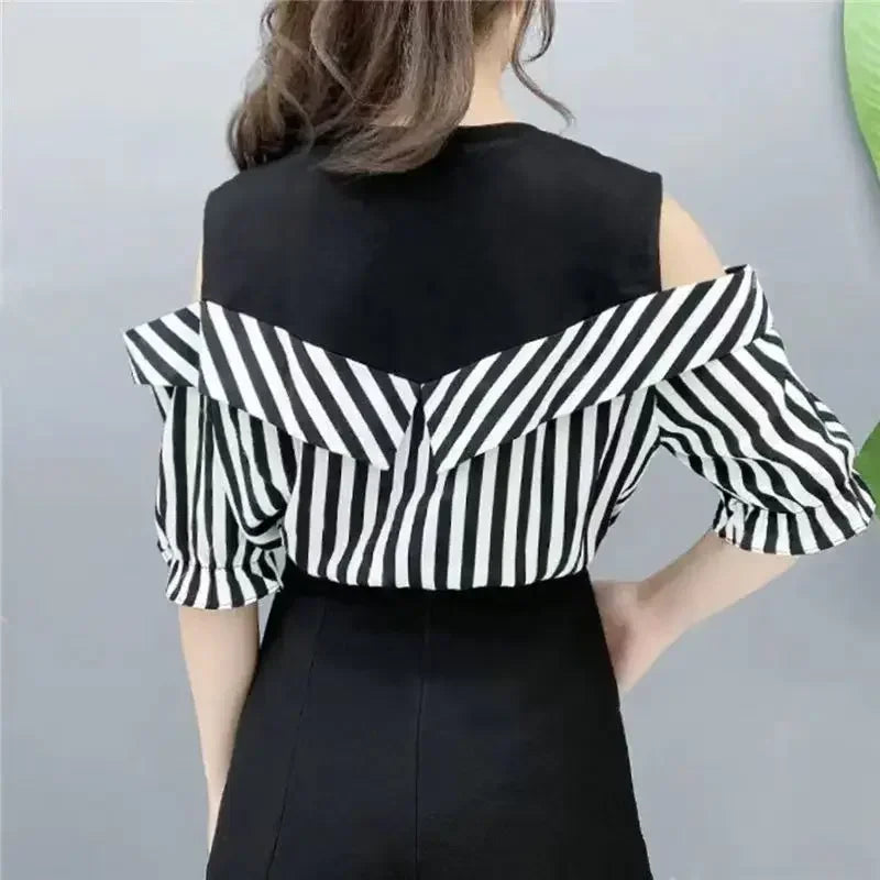 Black Striped Women's Shirts and Blouses Top for Woman Clothing Tall Modern Long Y2k Tunic 2024 Luxury Designer Elegant Chic M