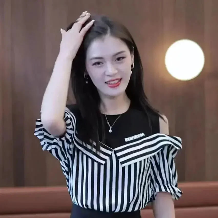 Black Striped Women's Shirts and Blouses Top for Woman Clothing Tall Modern Long Y2k Tunic 2024 Luxury Designer Elegant Chic M