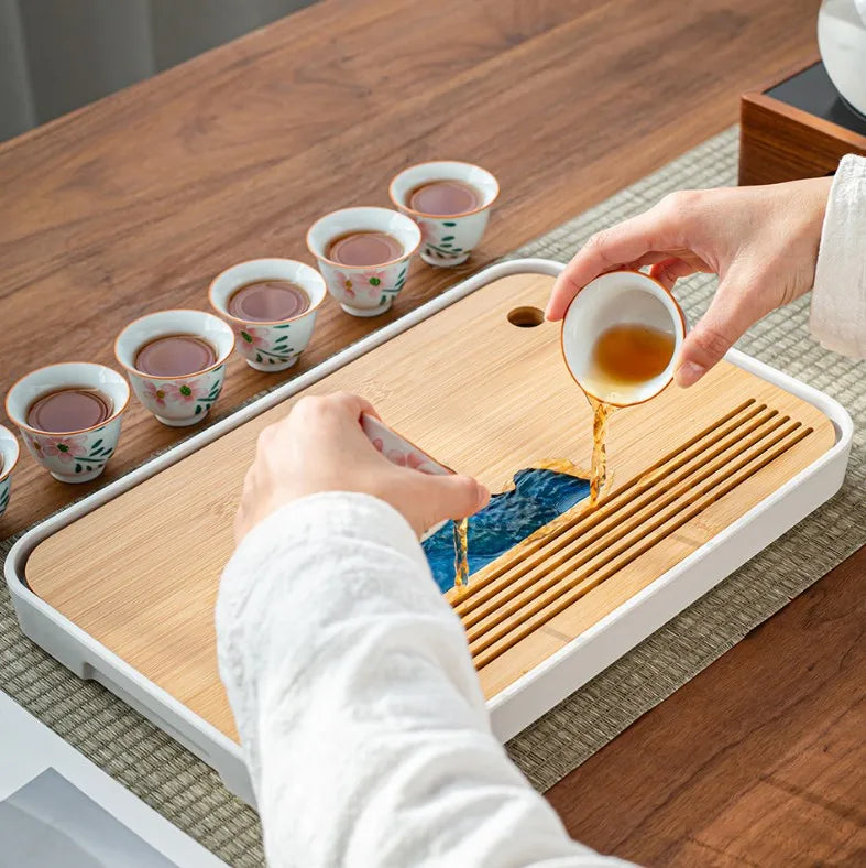 Removable Natural Bamboo Tea Tray Landscape Drawing Board Traditional Household TeaTray Removable TeaTray Chinese Kung Fu TeaSet