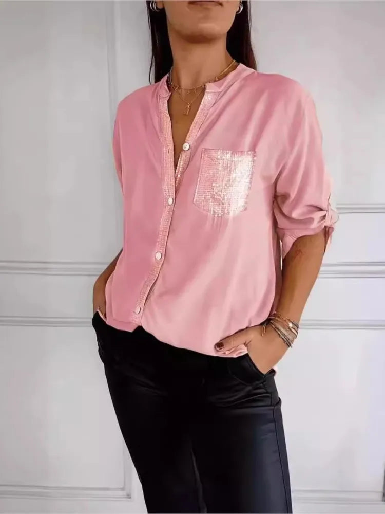 Casual Shirt Women Blouses V-neck Sequin Splicing Long-sleeve New Autumn Casual Loose Collar Button Pocket Office Ladies Clothes