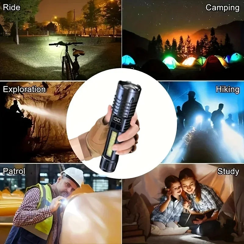 Heinast High Power LED Flashlight Powerful TYPE-C Rechargeable COB Flashlight With Side Light Torch For Outdoor Camping Hiking