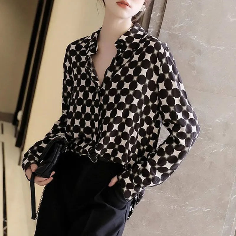 Stylish Printed Polka Dot Blouse Female Clothing Commute Single-breasted Elegant Polo-Neck 2025 Spring Autumn Korean Loose Shirt