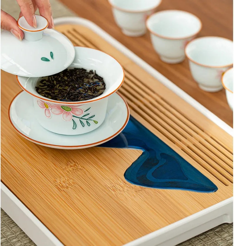 Removable Natural Bamboo Tea Tray Landscape Drawing Board Traditional Household TeaTray Removable TeaTray Chinese Kung Fu TeaSet