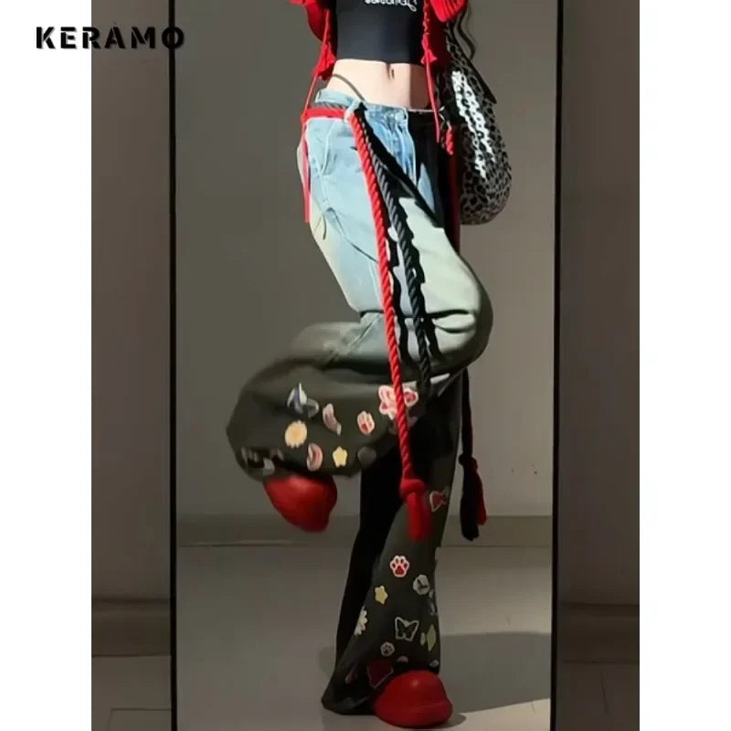 Women's Sweet Y2K Baggy 2000s Denim Trouser Washed Vintage Casual Appliques Pants Trashy High Street Retro High Waist Jeans