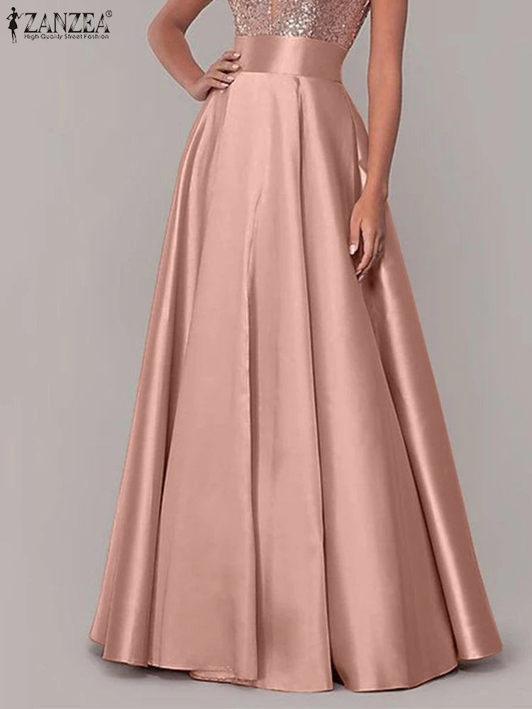 ZANZEA Summer Women Maxi Long Skirts Casual High Waist A-line Party Sundress Work OL Maxi Vestidos Satin Skirts Jupe Faldas Saia