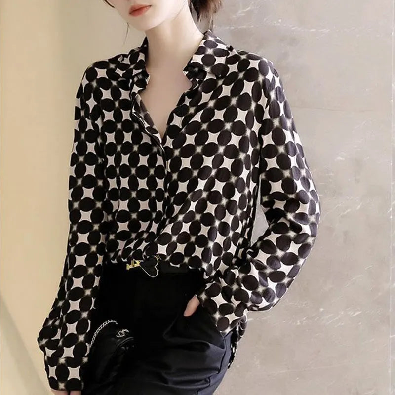 Stylish Printed Polka Dot Blouse Female Clothing Commute Single-breasted Elegant Polo-Neck 2025 Spring Autumn Korean Loose Shirt