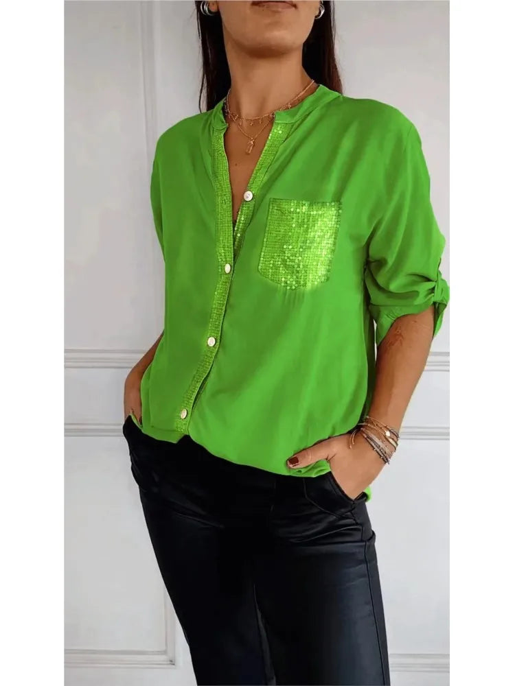 Casual Shirt Women Blouses V-neck Sequin Splicing Long-sleeve New Autumn Casual Loose Collar Button Pocket Office Ladies Clothes