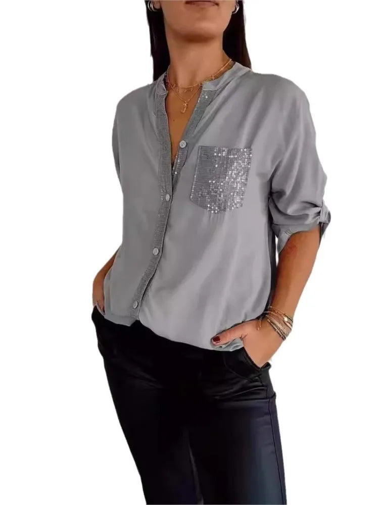 Casual Shirt Women Blouses V-neck Sequin Splicing Long-sleeve New Autumn Casual Loose Collar Button Pocket Office Ladies Clothes