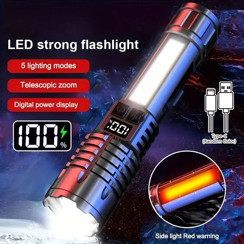 Heinast High Power LED Flashlight Powerful TYPE-C Rechargeable COB Flashlight With Side Light Torch For Outdoor Camping Hiking