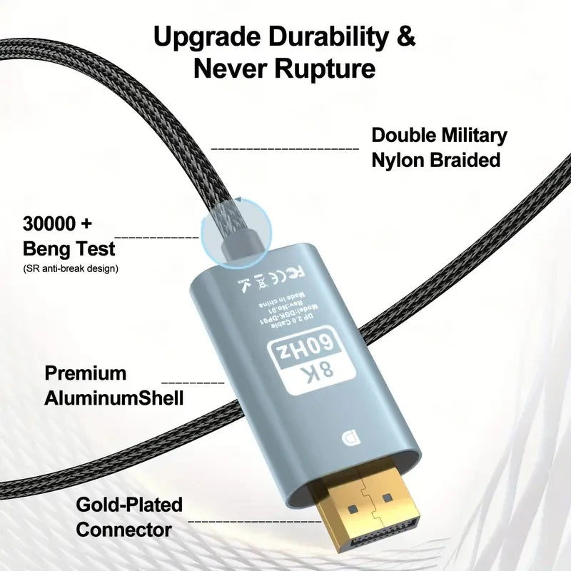 8K DisplayPort Cable HBR3 Support 32.4Gbps, HDCP 2.2, HDR10 FreeSync G-Sync for Gaming Monitor 4070 4080 Graphics PC