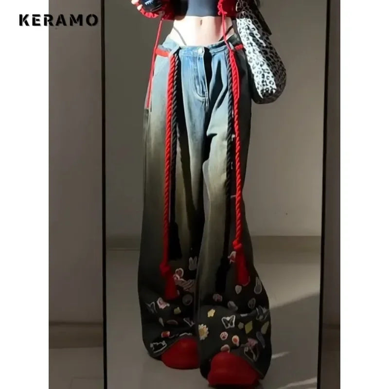 Women's Sweet Y2K Baggy 2000s Denim Trouser Washed Vintage Casual Appliques Pants Trashy High Street Retro High Waist Jeans