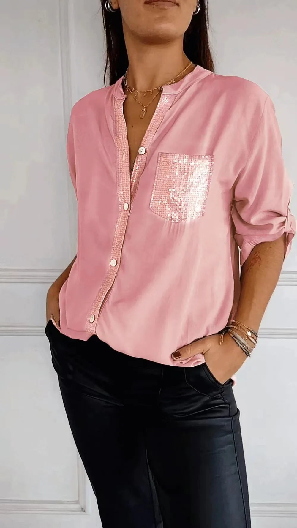 Casual Shirt Women Blouses V-neck Sequin Splicing Long-sleeve New Autumn Casual Loose Collar Button Pocket Office Ladies Clothes