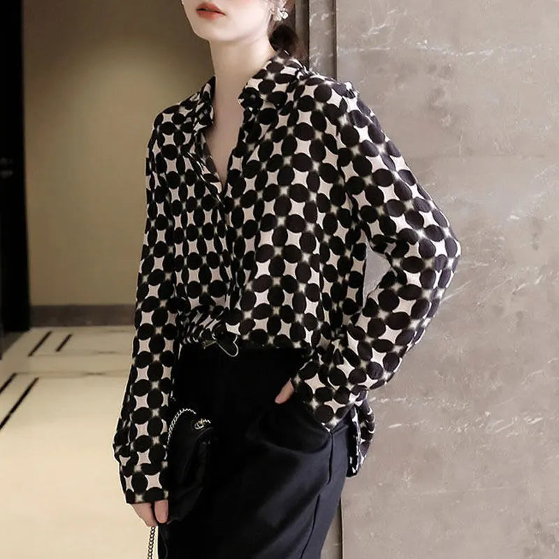 Stylish Printed Polka Dot Blouse Female Clothing Commute Single-breasted Elegant Polo-Neck 2025 Spring Autumn Korean Loose Shirt