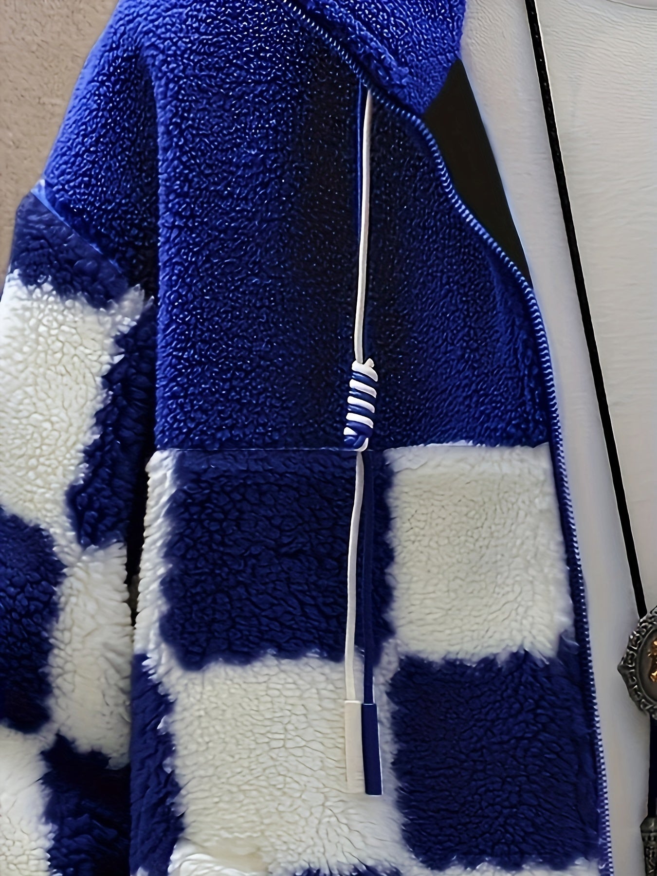 Men'S Plush Checkered Winter Coat - Blue & White, Loose Fit, Stand Collar, Zip-Up Jacket with Drawstring Hood, Casual Style for Fall/Winter, Winter Coat