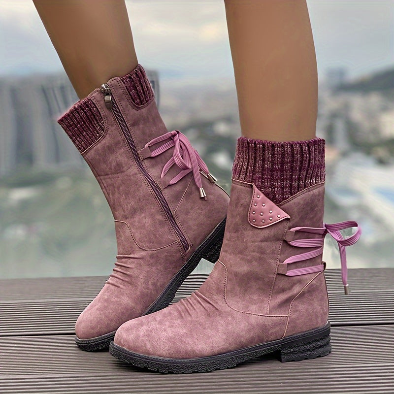 Women's Retro Black Chelsea Boots with Chunky Heel - Lace-Up & Side Zipper, Knit Cover Patchwork Design, Comfortable Fabric Lining, Casual Low Heel Ankle Boots for All Occasions