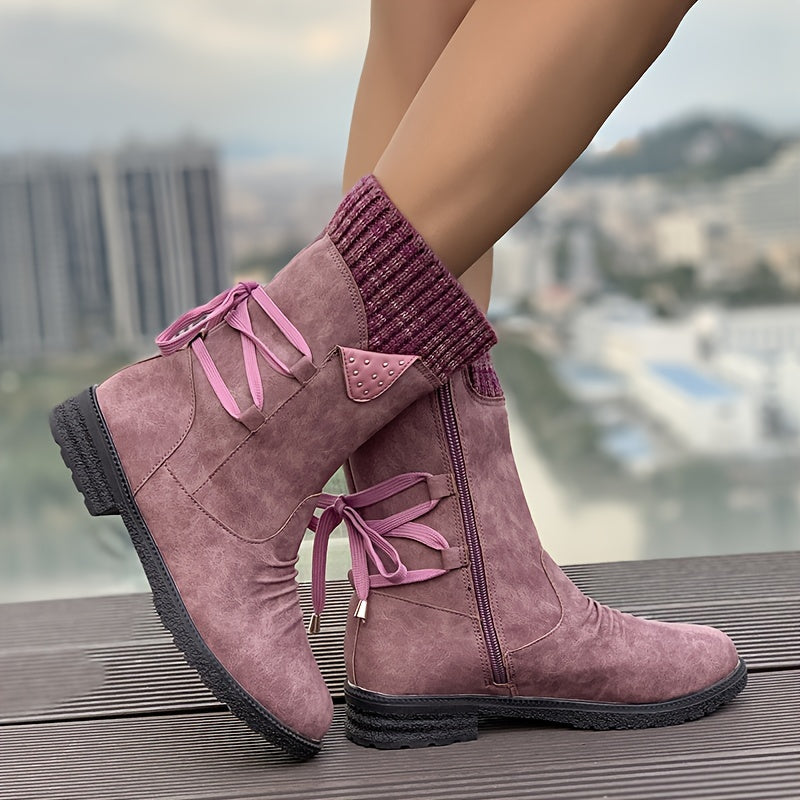 Women's Retro Black Chelsea Boots with Chunky Heel - Lace-Up & Side Zipper, Knit Cover Patchwork Design, Comfortable Fabric Lining, Casual Low Heel Ankle Boots for All Occasions