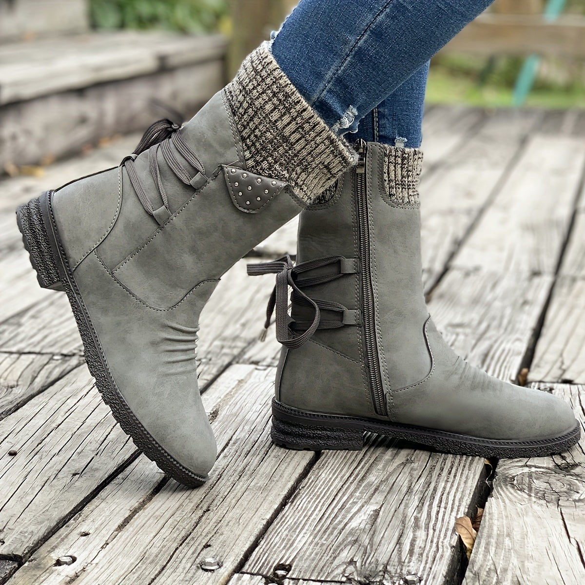 Women's Retro Black Chelsea Boots with Chunky Heel - Lace-Up & Side Zipper, Knit Cover Patchwork Design, Comfortable Fabric Lining, Casual Low Heel Ankle Boots for All Occasions