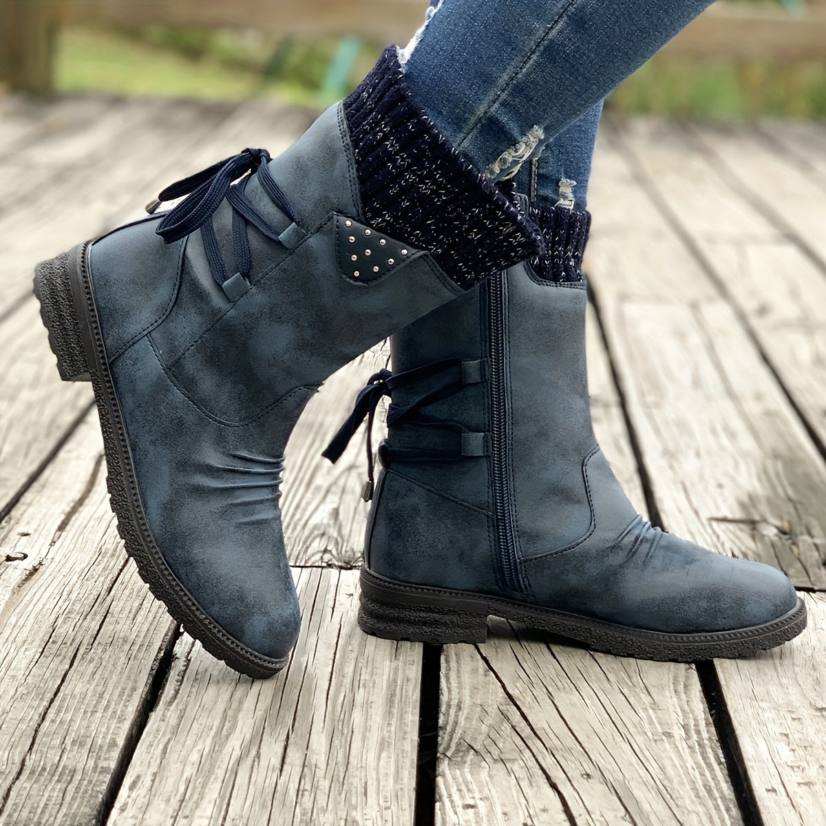 Women's Retro Black Chelsea Boots with Chunky Heel - Lace-Up & Side Zipper, Knit Cover Patchwork Design, Comfortable Fabric Lining, Casual Low Heel Ankle Boots for All Occasions