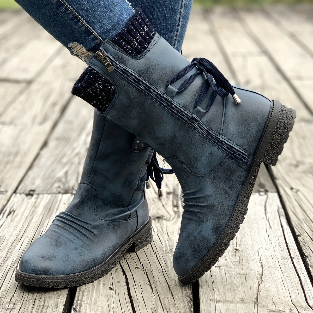 Women's Retro Black Chelsea Boots with Chunky Heel - Lace-Up & Side Zipper, Knit Cover Patchwork Design, Comfortable Fabric Lining, Casual Low Heel Ankle Boots for All Occasions
