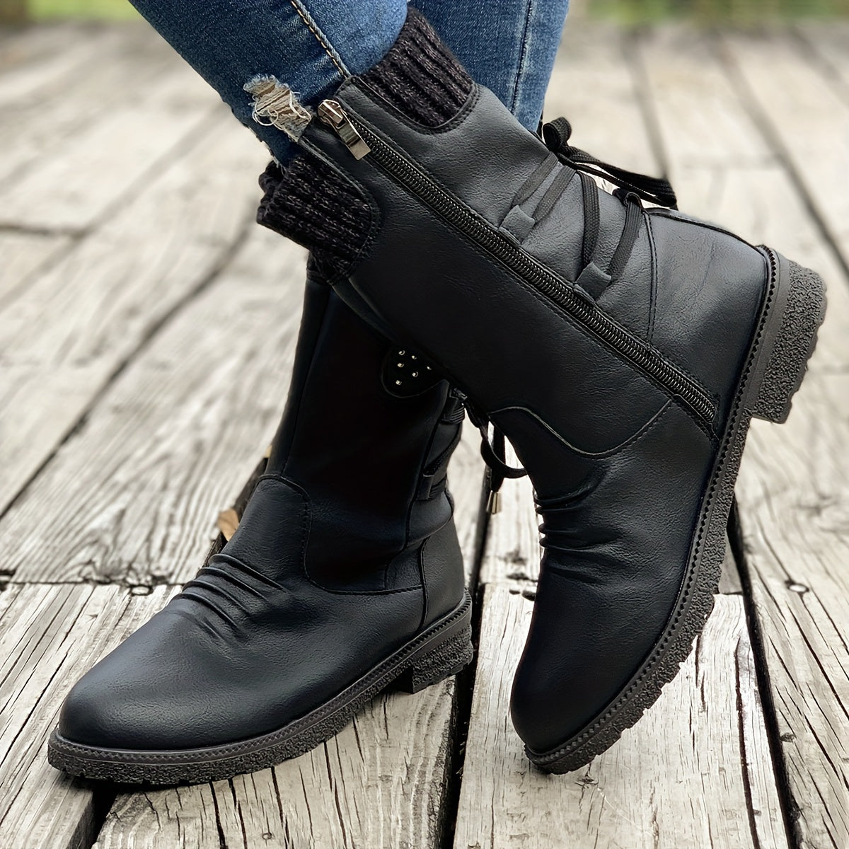 Women's Retro Black Chelsea Boots with Chunky Heel - Lace-Up & Side Zipper, Knit Cover Patchwork Design, Comfortable Fabric Lining, Casual Low Heel Ankle Boots for All Occasions