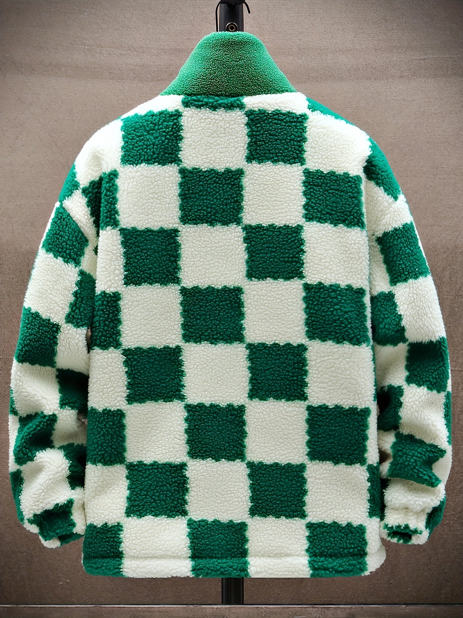 Men'S Plush Checkered Winter Coat - Blue & White, Loose Fit, Stand Collar, Zip-Up Jacket with Drawstring Hood, Casual Style for Fall/Winter, Winter Coat